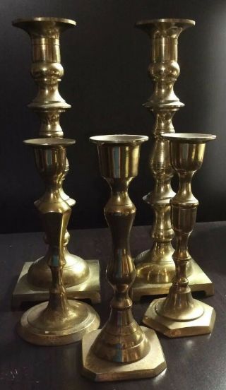 Five Vintage Solid Brass Candlestick Holders 6.  5” & 9.  5”