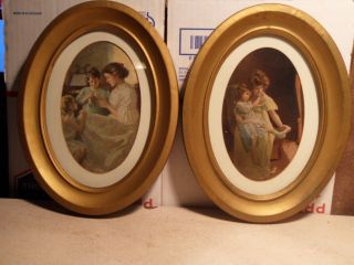 Two Vintage Prints - Young Girl And Mother And Child - Oval Framed