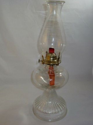 Antique Clear Glass Kerosene Oil Lamp Ribbed Base With Round Font Beaded Chimney