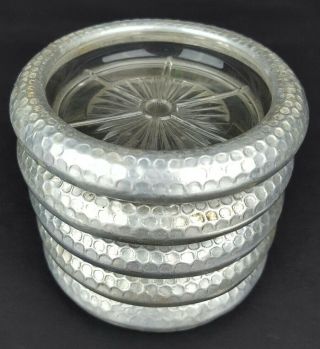 (5) Vintage Pewter Wrapped Clear Cut Starburst Crystal Glass Stackable Coasters