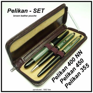 Pelikan - Set,  400 Nn 14 C 585 M - Nib,  450 Pencil 355 Ballpoint And Brown Pouche