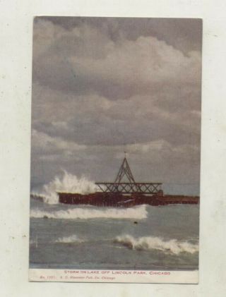 C.  1915 Storm On Lake Off Lincoln Park,  Chicago,  Illinois Postcard