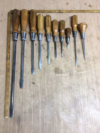 Vintage Crescent 10 Piece Screwdriver Set With Wooden Handles And Scratch Awl