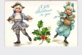 Antique Postcard Christmas Colonial Boy And Girl Skate Jolly Christmas To You