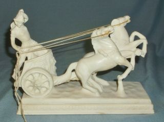 Molded White Resin Roman Soldier On Two Horse Chariot Figurine