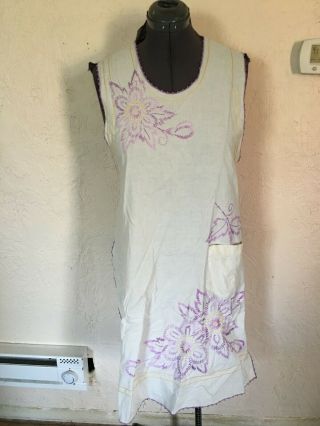 Vintage 20s 30s Floral Embroidered Apron Pinafore One Size