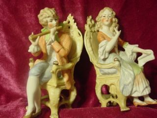 Dep Germany Figurines Victorian Man Woman Lady Sitting Chair Flute Painted 11981