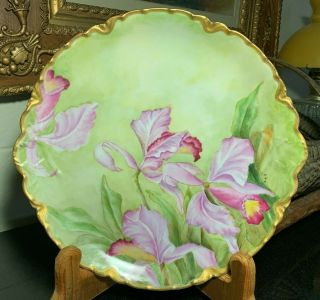 C.  1890 Haviland Limoges Pink Orchids W/gold Gilt 13 7/8 " Artist Signed Charger