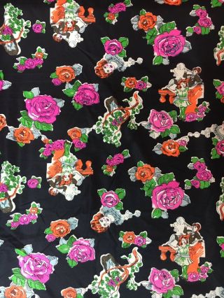 Vtg 60s 70s Polyester Novelty Print Fabric 3 Yards Victorian People Rose Birds
