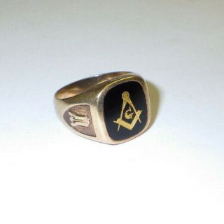 10k Yellow Gold & Onyx Masonic Ring Freemason Blue Lodge 7.  67 Grams