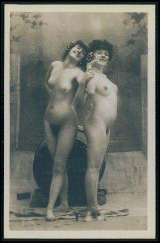French Full Nude Woman Lesbian Wine Godess Early 1900s Photo Postcard
