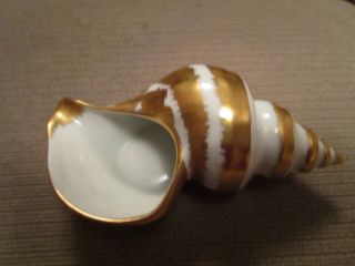 Vintage Limoge F & F Hand Painted Gold White Porcelain Sea Conch Shell Ashtray?