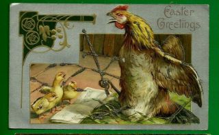 Easter Embossed Postcard/ Hen Singing To Her Baby Chicks/ Glittery/ Gilded/
