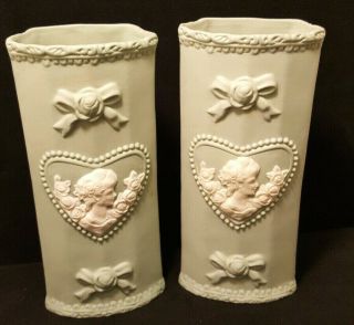 2 Wedgwood Jasperware Green,  White Cameo Bisque Wall Pockets,  Plaques,  Vases