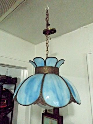 Vintage Tiffany Style Slag Glass Hanging Swag Ceiling Light Lamp Exc.  Orig,  Cond