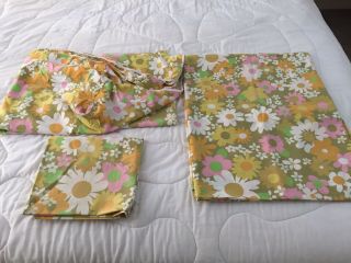 Vtg 70’s Twin Sheet Set (3) Flat Fitted Pillowcase Daisy Flower Power Mod Usa