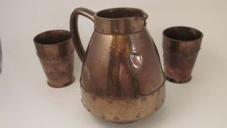 Antique Royal Doulton Silicon Lambeth Copperware Pottery Pitcher Jug / Tumblers