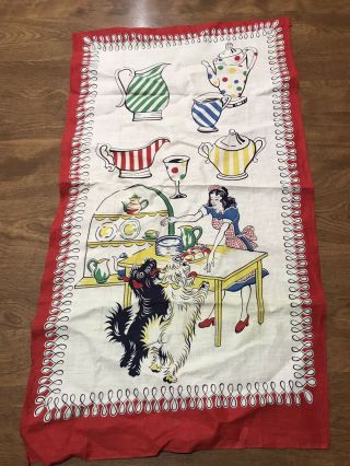 Kitchen Vintage Hand Dish Towel Woman Lady With 2 Happy Dogs Linen Blend?