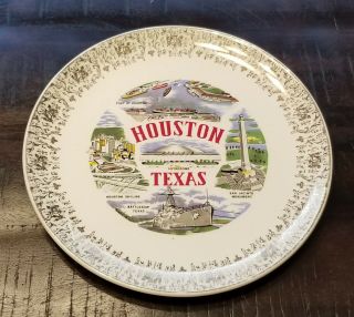 Vintage City Of Houston Plate W/ Points Of Interest & 22kt Gold Details 9.  25 "
