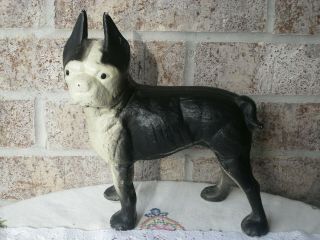 Vtg Antique Cast Iron Doorstop,  Black & White French Bulldog,  Boston Terrier