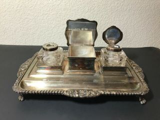 Silverplate Antique Ink Well Inkwell Double Pot On Tray Desk Set Mm England Mark
