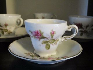 Vintage Miniature Porcelain Hand - Painted Four Tea Cups & Saucers Pink Rose Moss