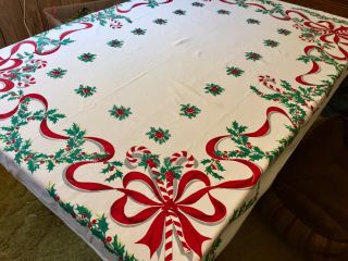 Vintage Retro Print Linen Tablecloth Holiday Christmas Candy Canes 48 " X 60 "