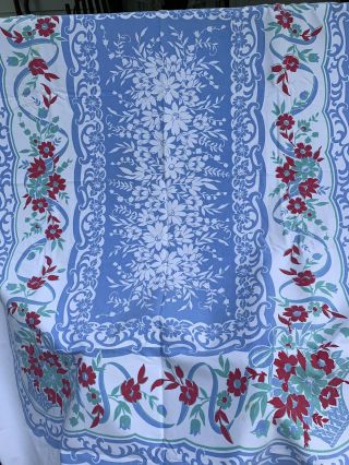 Vintage Linen Print Kitchen Tablecloth Flowers Baskets Bouquet Red Blue Green
