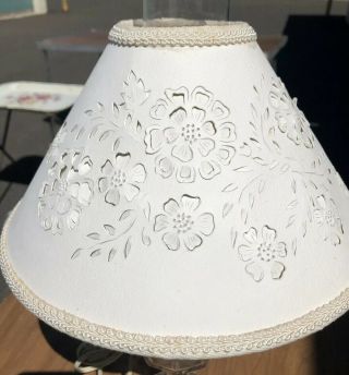 Vintage Oil Lamp Converted To Electric Perforated Hand Punched Paper Lamp Shade 3