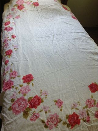 Vtg Luther Travis White Pink Rose Floral Linen Tablecloth 54 X 80