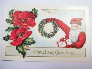 Santa Claus Holly Dec.  25 Red Flowers Embossed Postcard Art Deco Design Nr