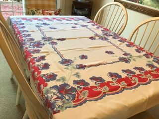 Vtg 50x70 Red Blue Morning Glory Vines Cotton Tablecloth Wilendur? Retro Kitchen