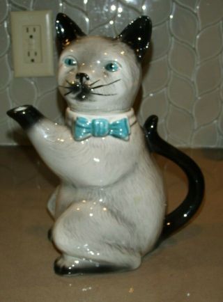 Vintage Tony Woods Pussy Foot Tea Pot W/blue \eyes And Bow Tie - 10 "