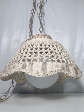 Vintage Mcm White Wicker Rattan Hanging Swag Lamp Light With Large Glass Globe