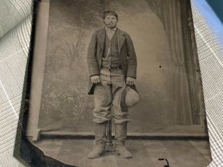Antique Tintype Photograph Man With Two Pinky Rings & Cigar& Boots