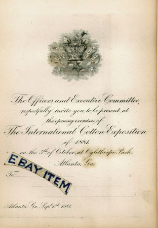 Invitation 1881 International Cotton Exposition Atlanta Georgia Oglethorpe Park
