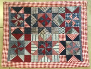 Patchwork Country Quilt Wall Hanging,  Stars,  Pinwheels,  Red,  White,  Navy Blue