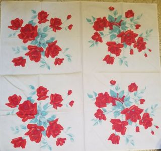 Vintage Tablecloth American Beauty Rose White Red Seafoam Green 34 " Sq.