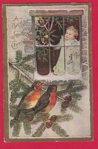 0518kl Christmas Vtg Pc Child Looks Out Of Window At Two Birds On Branch Tree