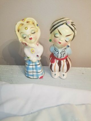 Vintage Man And Woman Salt And Pepper Shakers With Colored Stones