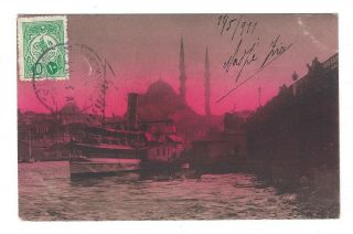 1911 Turkey Istanbul Sunset Boats Mosque View Postcard Cover 10 Paras Stamp