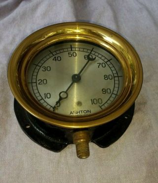 Extremely Vintage Steam Pressure Gauge,  Ashton Brass Bezel 5 - 3/4 " Dia.