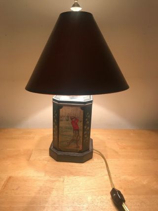 Vintage Frederick Cooper Tin Canister Man Golfer Lamp W / Orig Shade 14”tall
