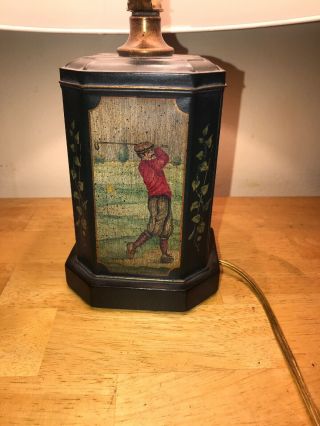 VINTAGE FREDERICK COOPER TIN CANISTER MAN GOLFER LAMP W / Orig SHADE 14”Tall 2