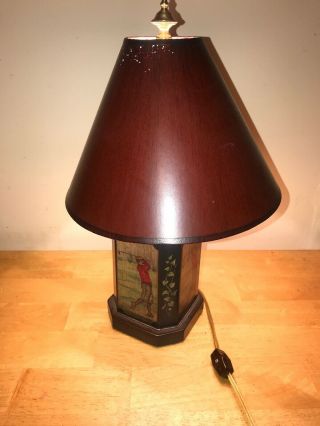 VINTAGE FREDERICK COOPER TIN CANISTER MAN GOLFER LAMP W / Orig SHADE 14”Tall 4
