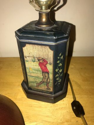 VINTAGE FREDERICK COOPER TIN CANISTER MAN GOLFER LAMP W / Orig SHADE 14”Tall 8