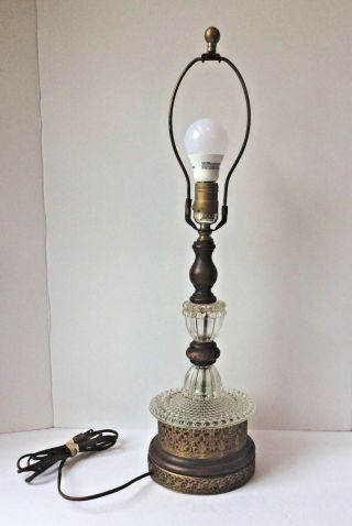 Vintage Tall Etched Glass & Brass Table Lamp Mid Century Modern 24 Inch Antique