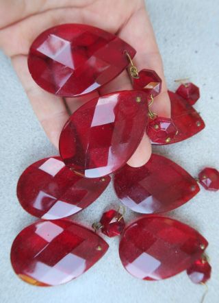 7 Vintage Ruby Red German Glass Crystal Prism Lamp Chandelier Part Sconce