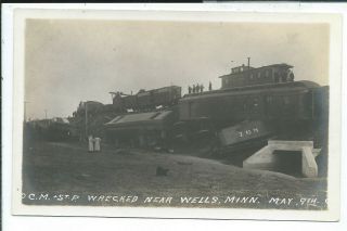 Wells Mn Minnesota Rppc Postcard C.  M.  & St.  P.  Train Wreck