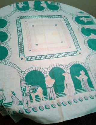 Vintage Mexican Themed Linen Kitchen Tablecloth 47 X 43 Teal White